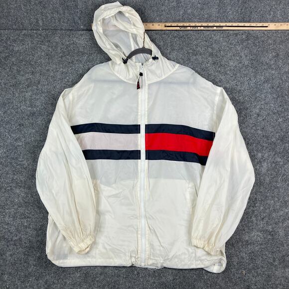 Tommy Hilfiger Jacket Mens Size XXL White Red Navy Stripe Hooded Windbreaker - Picture 1 of 8